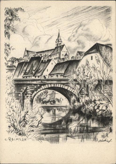 Altkirch Elsass Künstlerkarte R. Reimesch Rote Brücke