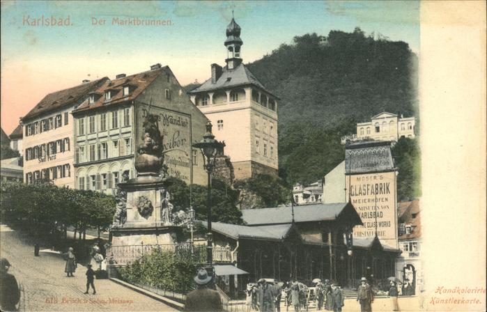 Karlsbad Eger Marktbrunnen Kolonnade Stadtturm handko