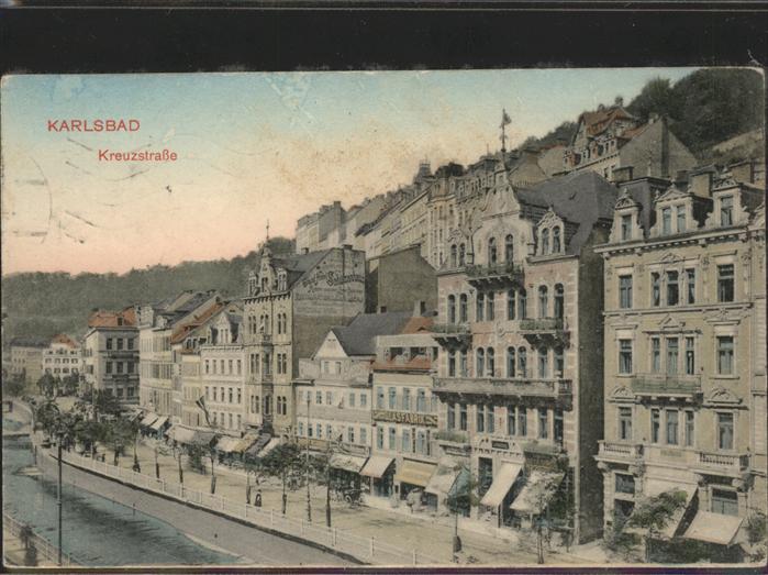 Karlsbad Eger Kreuzstrasse handkolorierte Künstlerkar