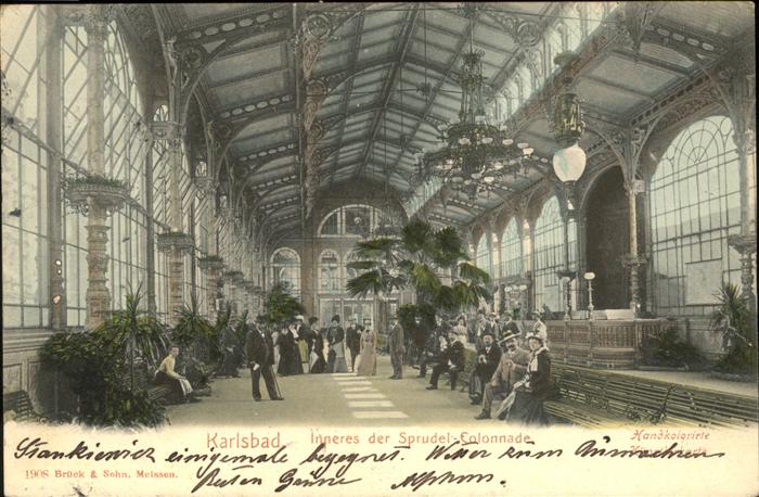 Karlsbad Eger Inneres der Sprudelkolonnade handkolori