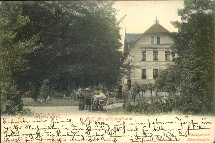 Karlsbad Eger Cafe Freundschaftssaal Garten handkolor