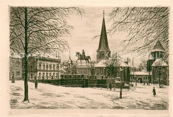 Essen  Ruhr Radierung im Winter Schnee Kirche Denkmal
