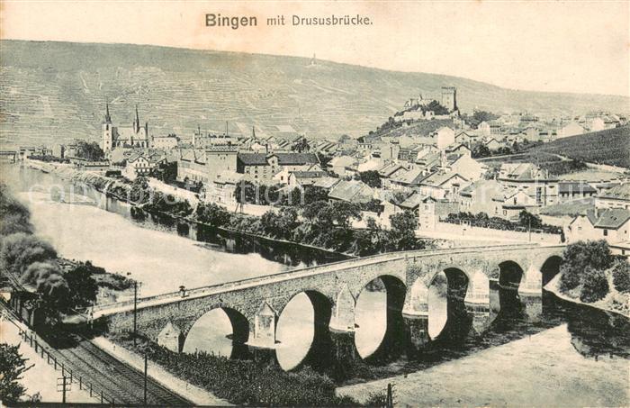 Bingen Rhein Gesamtansicht m. Drususbruecke Dampflok