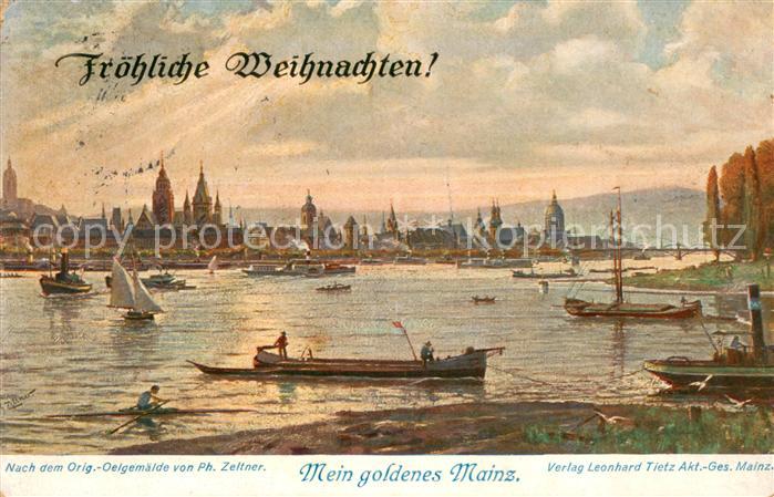 Mainz  Rhein Gesamtansicht Boote Kuenstlerkarte Ph.Zeltner