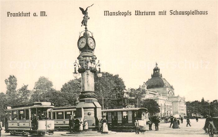Frankfurt Main Manskopfs Uhrturm mit Schauspielhaus und Strassenbahnen