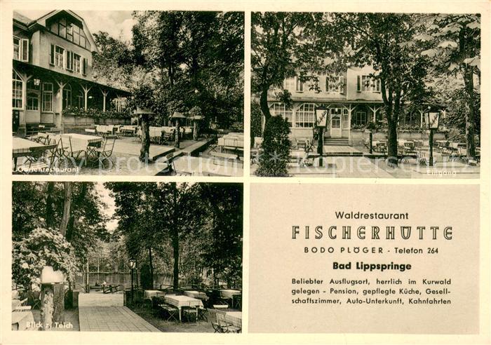 Bad Lippspringe Waldrestaurant Fischerhuette Eingang Terrasse und Teich