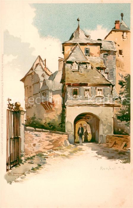 Runkel Lahn Dorfmotiv Farblithografie