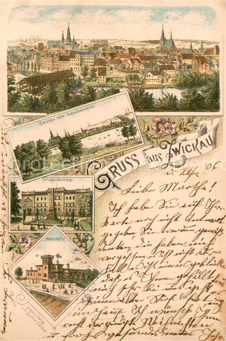 Zwickau Sachsen Gesamtansicht Schwanenschloss Kriegerdenkmal Alberthoehe