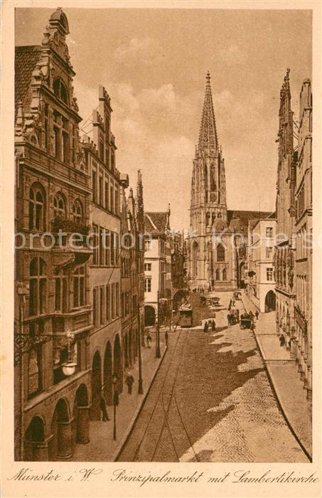 Muenster Westfalen Prinzipalmarkt mit Lambertikirche u. Strassenbahn