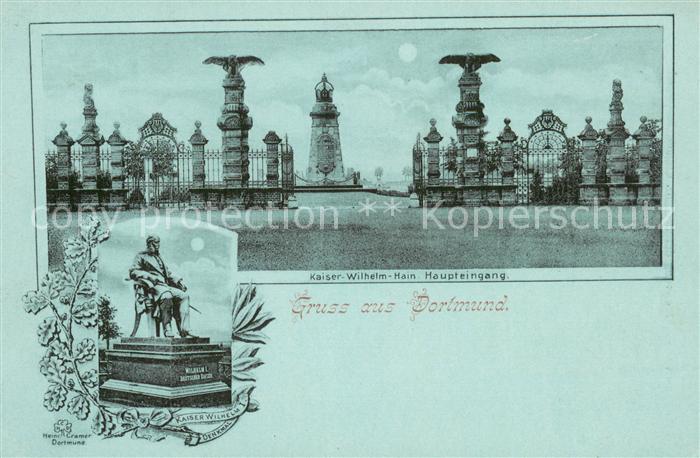 DORTMUND  CITY Kaiser-Wilhelm-Hain Haupteingang m. Denkmal Mondschein-Litho