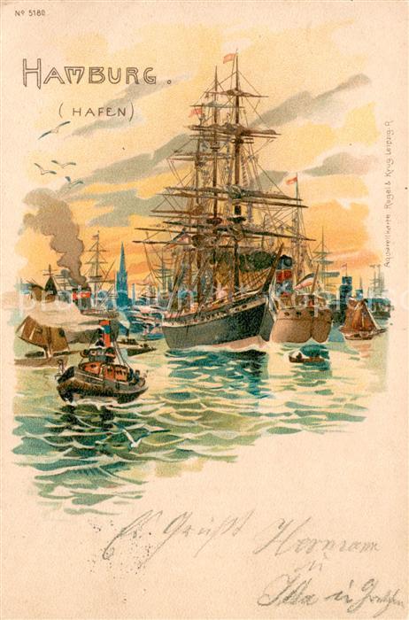HAMBURG  CITY Hafen mit Schiffen Litho-Glimmer-Karte