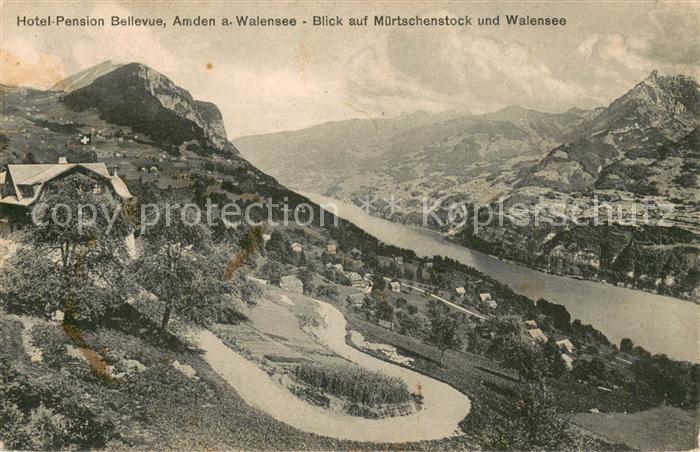 Amden Walensee SG Hotel Pension Bellevue mit Blick auf Muertschenstock und Walen