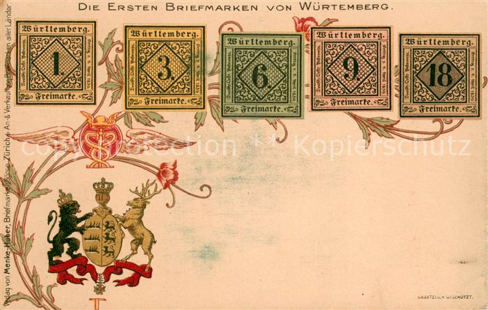 Briefmarken auf Postkarte Erste Briefmarken von Würtemberg