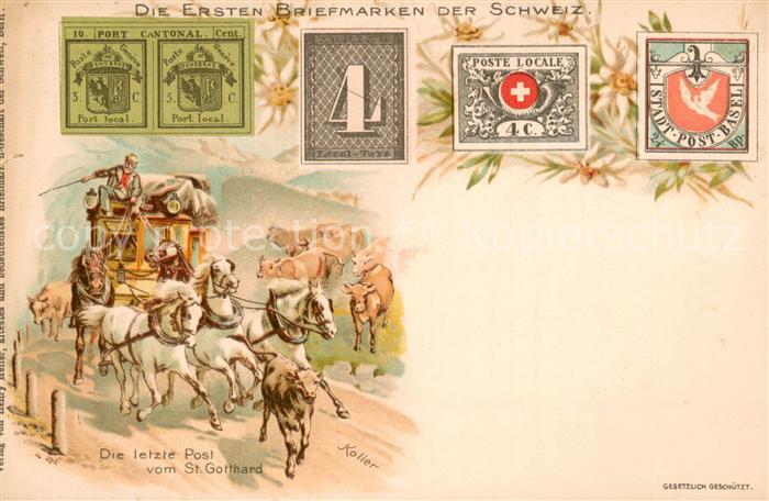 Briefmarken auf Postkarte Die Ersten Briefmarken der Schweiz