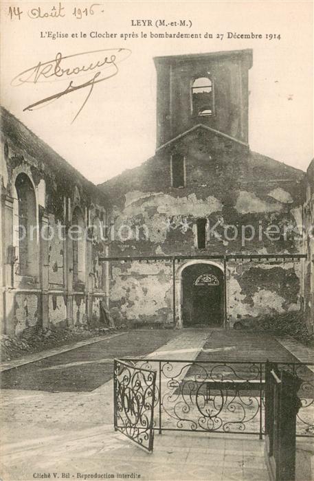 Leyr 54 Eglise et le Clocher apres le bombardements du 27 Dec 1914