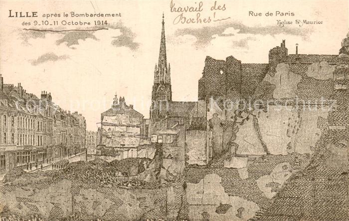 Lille 59 apres le Bombardement des Oct 1914 Rue de Paris Eglise St Maurice
