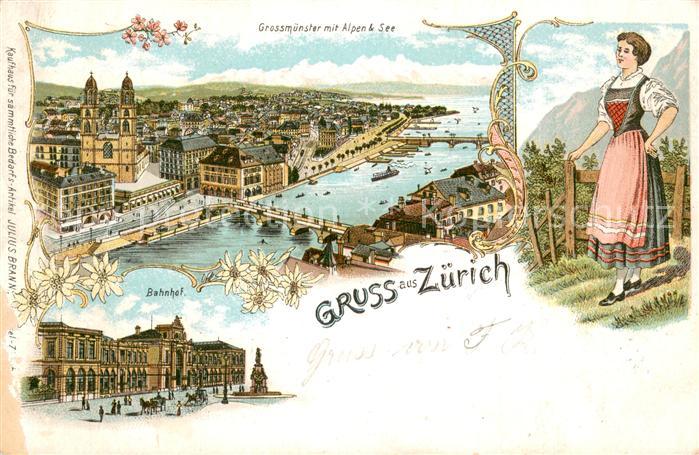 Zuerich ZH Grossmuenster mit Alpen und See Bahnhof