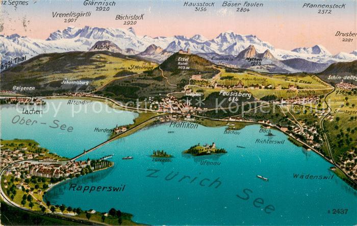 Zuerichsee ZH Panoramakarte mit Obersee und Rapperswil Feldpost