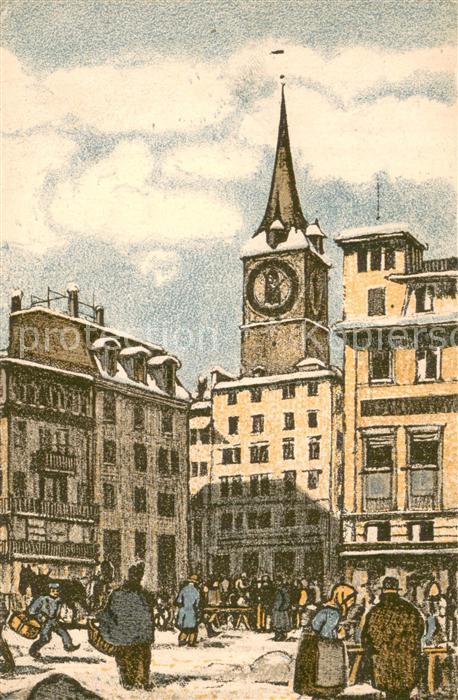 Zuerich ZH Marktplatz Stadtzentrum Kirchturm Kuenstlerkarte