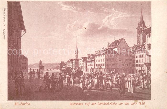 Zuerich ZH Volksleben auf der Gemuesebruecke um 1830