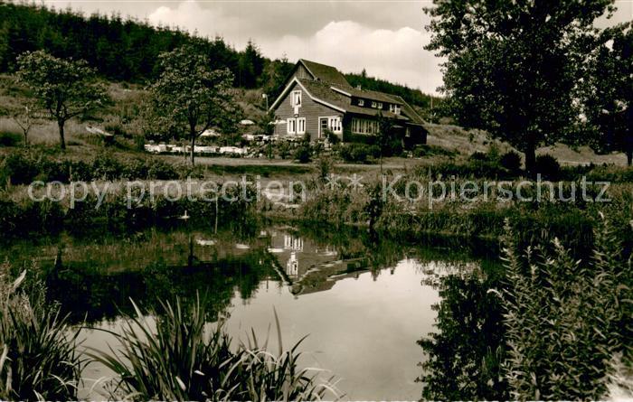 Braunlage Harz Waldgaststaette Forellenteich Aussenansicht m. Teich