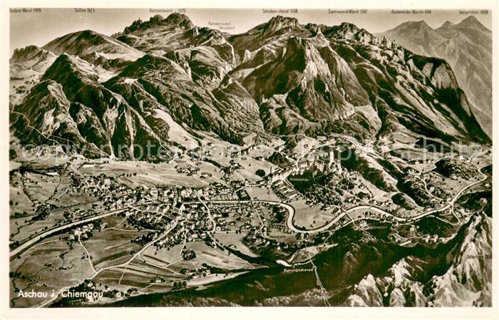 Aschau Chiemgau Gesamtansicht m. BErgkette PAnorama Zeichnung