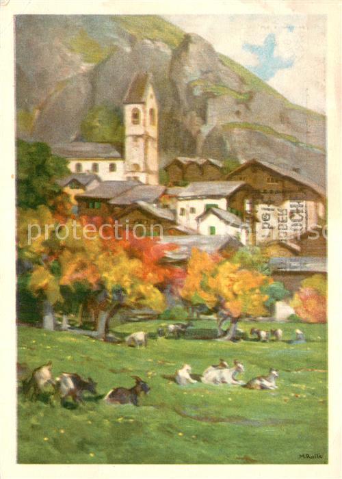 Niedergestein Raron VS Teilansicht m. Ziegen Kuenstlerkarte M. Rolle
