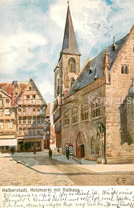 Halberstadt Holzmarkt m. Rathaus Kuenstlerkarte