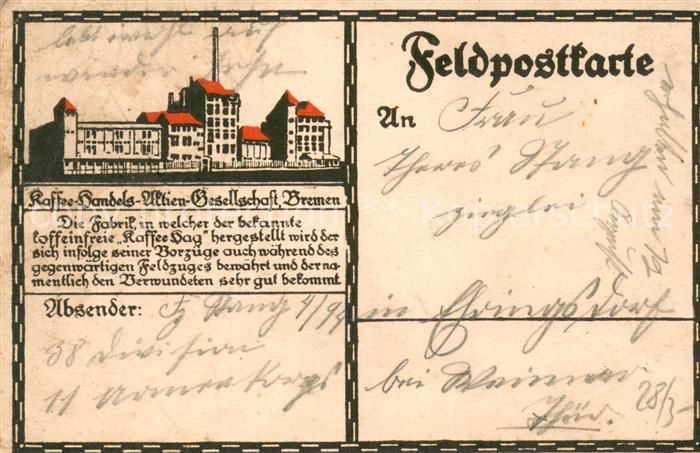 BREMEN  CITY Kaffe-Hamdels-Wien-Gesellschaft-Fabrik Kaffe-Hag Feldpostkarte