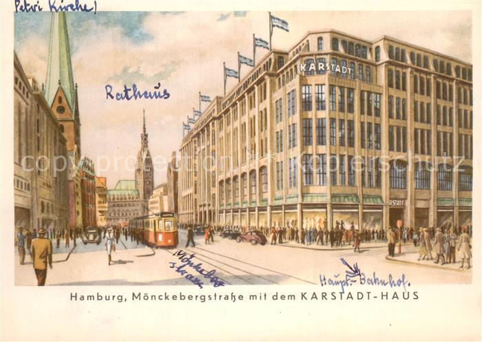HAMBURG  CITY Moenckebergstrasse m. Karstadt-Haus Petri-Kirche Strassenbahn