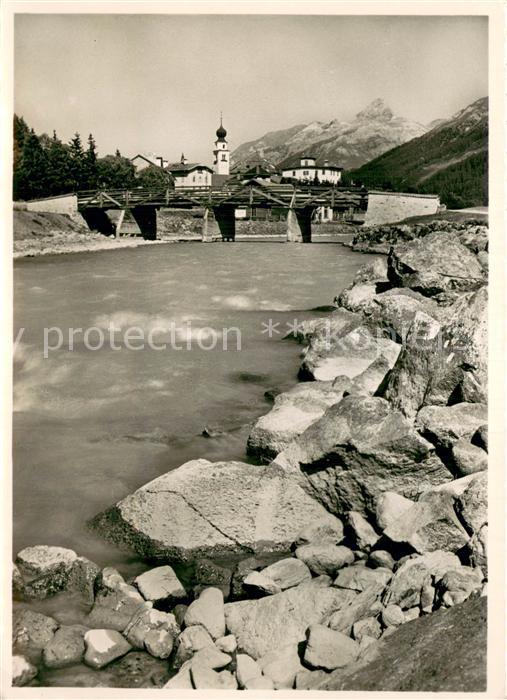 Madulain GR Partie am Inn Blick gegen Piz d Esen