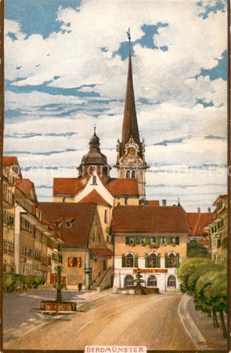 Beromuenster Ortszentrum Kirche Kuenstlerkarte Originalaquarell von Otto Lasius