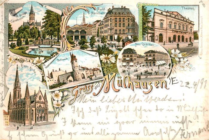Muelhausen Elsass Parkanlagen Salvatorplatz Markt Markthalle Theater Kirche Boll