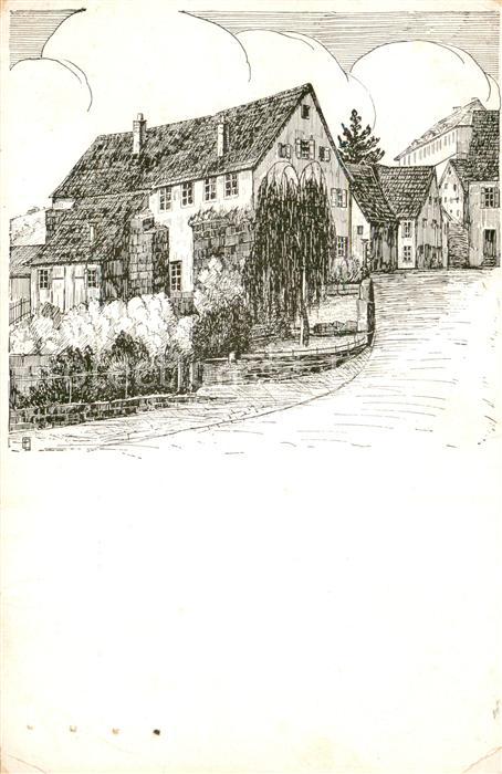 Calw Jugendherberge Partie an der Stadtmauer Federzeichnung E. Olpp Kuenstlerkar