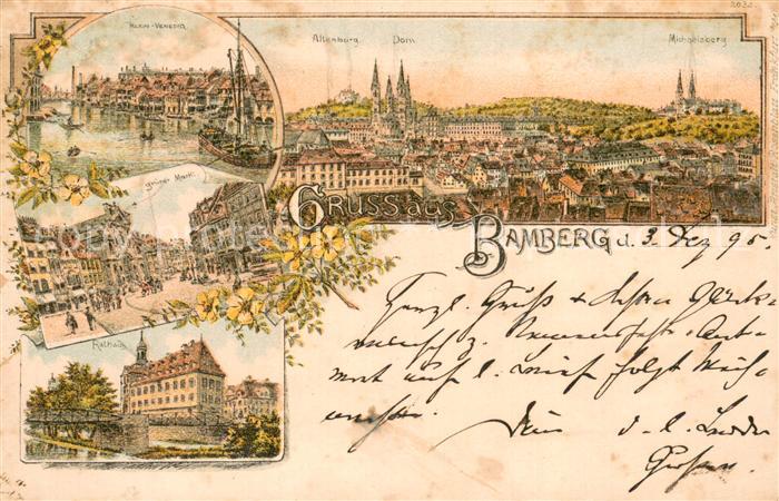 Bamberg Stadtpanorama Klein-Venedig Gruener Markt Rathaus Litho