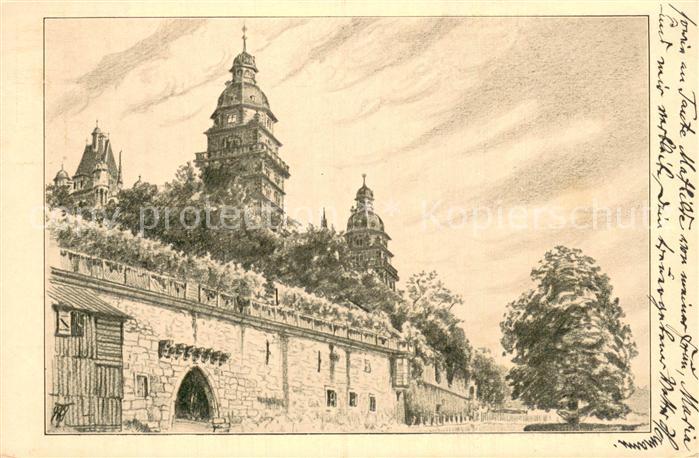 Aschaffenburg Main Schloss Terrassenmauer gegen den Main Kuenstlerkarte