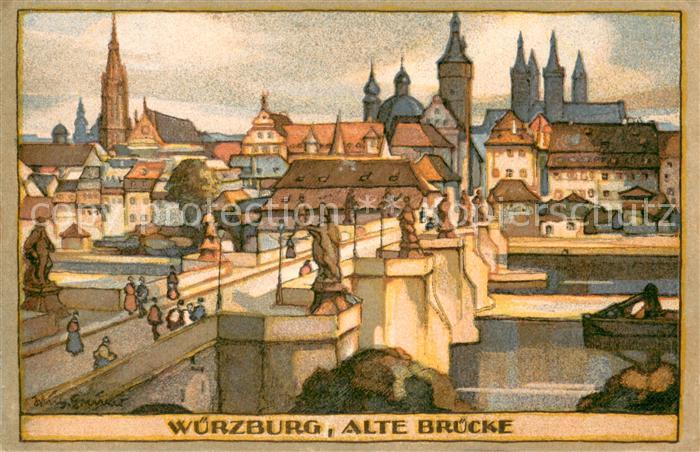 WueRZBURG Bayern Alte Bruecke Original Steinzeichnung von Wilhelm Greiner