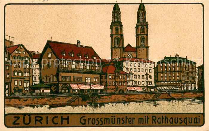 Zuerich ZH Grossmuenster mit Rathausquai Linolschnitt
