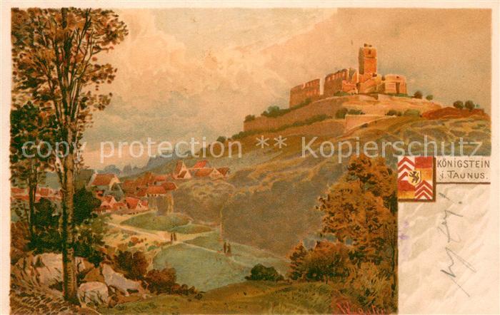 Koenigstein  Taunus Blick zur Burg Ruine Kuenstlerkarte