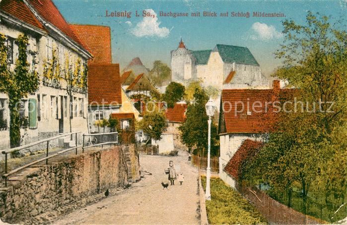 Leisnig Bachgasse mit Blick auf Schloss Mildenstein