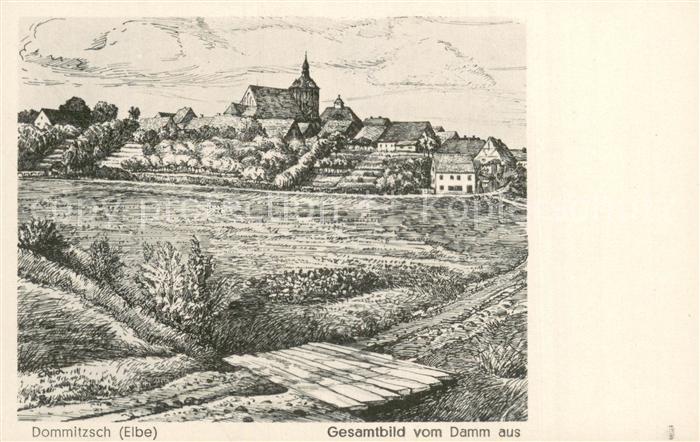 Dommitzsch Gesamtbild vom Damm aus Kuenstlerkarte