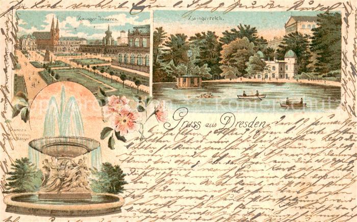 Dresden Elbe Zwinger Teich Brunnen Albertsplatz Stilles Wasser Litho