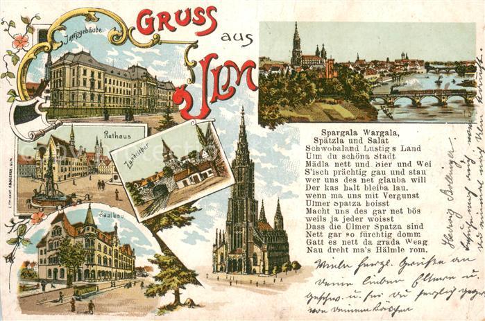 Ulm Donau Justizgebaeude Rathaus Saalbau Zundeltor Muenster Stadtpanorama Litho