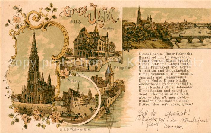 Ulm Donau Muenster Saalbau Rathaus Metzgerturm Stadtpanorama Litho
