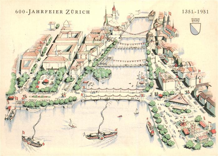 Zuerich ZH 600 Jahrfeier ZH Zeichnung Fluss u. See