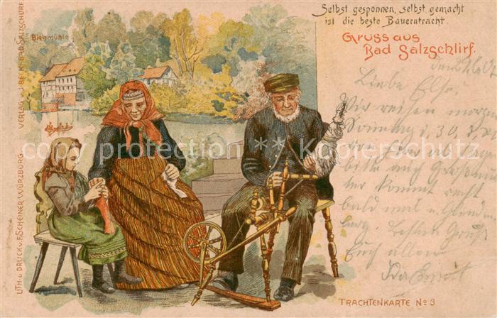 Bad Salzschlirf Partie am Spinnrad - Trachtenkarte