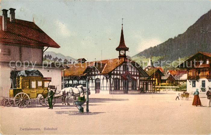 Zweisimmen BE Bahnhof m. Kutsche u. Fachwerk-Gebaeude