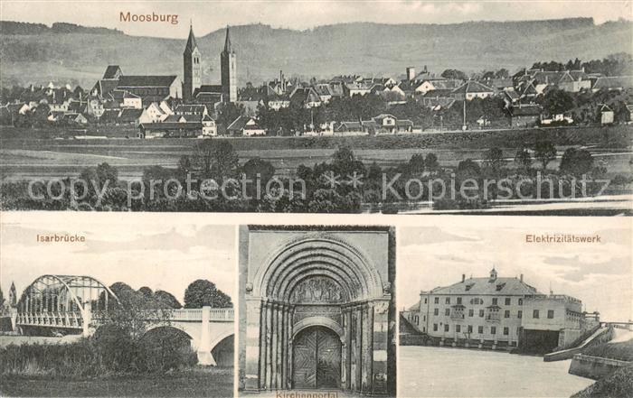 Moosburg Isar Totalansicht Isarbruecke Elektrizitaetswerk Kirchenportal