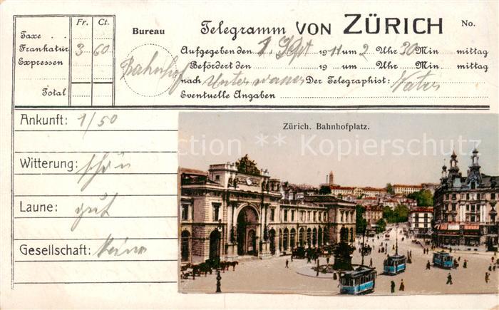 Zuerich ZH Telegramm-Karte Bahnhofplatz m. Strassenbahnen