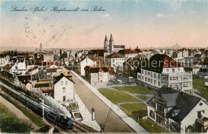 Landau  Pfalz Hauptansicht v. Sueden m. Lok-Zug